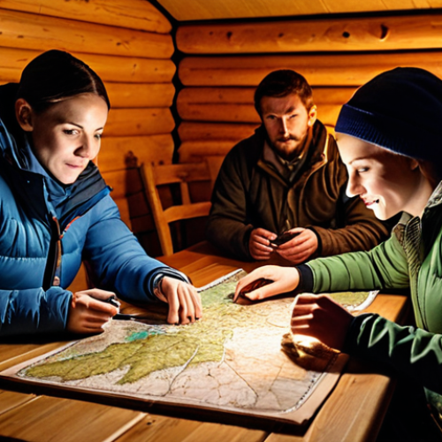 Home 15 **
A group of adventurous people meticulously planning their expedition, spreading topographical maps and using GPS devices around a wooden table in a cozy cabin, emphasizing teamwork and preparation. The scene is lit by warm lamplight, evoking a sense of anticipation and excitement for their journey.
**