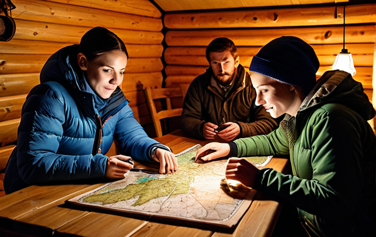 **
A group of adventurous people meticulously planning their expedition, spreading topographical maps and using GPS devices around a wooden table in a cozy cabin, emphasizing teamwork and preparation. The scene is lit by warm lamplight, evoking a sense of anticipation and excitement for their journey.
**