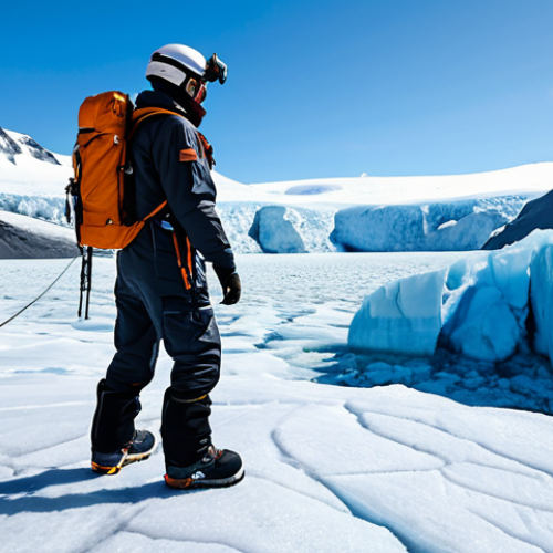 Home 7 A professional explorer, fully clothed in advanced, high-tech, multi-layered protective expedition gear, integrated with miniaturized sensors and monitoring systems, standing firmly on a vast, rugged glacier. A small, agile autonomous drone hovers nearby, subtly mapping the terrain with thermal cameras. In the background, dramatic, ice-covered peaks rise under a clear, bright sky, conveying a sense of cutting-edge technology enabling human exploration. Modest clothing, appropriate attire, professional dress, safe for work, appropriate content, fully clothed, professional. Perfect anatomy, correct proportions, natural pose, well-formed hands, proper finger count, natural body proportions.