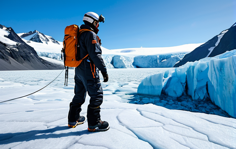 A professional explorer, fully clothed in advanced, high-tech, multi-layered protective expedition gear, integrated with miniaturized sensors and monitoring systems, standing firmly on a vast, rugged glacier. A small, agile autonomous drone hovers nearby, subtly mapping the terrain with thermal cameras. In the background, dramatic, ice-covered peaks rise under a clear, bright sky, conveying a sense of cutting-edge technology enabling human exploration. Modest clothing, appropriate attire, professional dress, safe for work, appropriate content, fully clothed, professional. Perfect anatomy, correct proportions, natural pose, well-formed hands, proper finger count, natural body proportions.