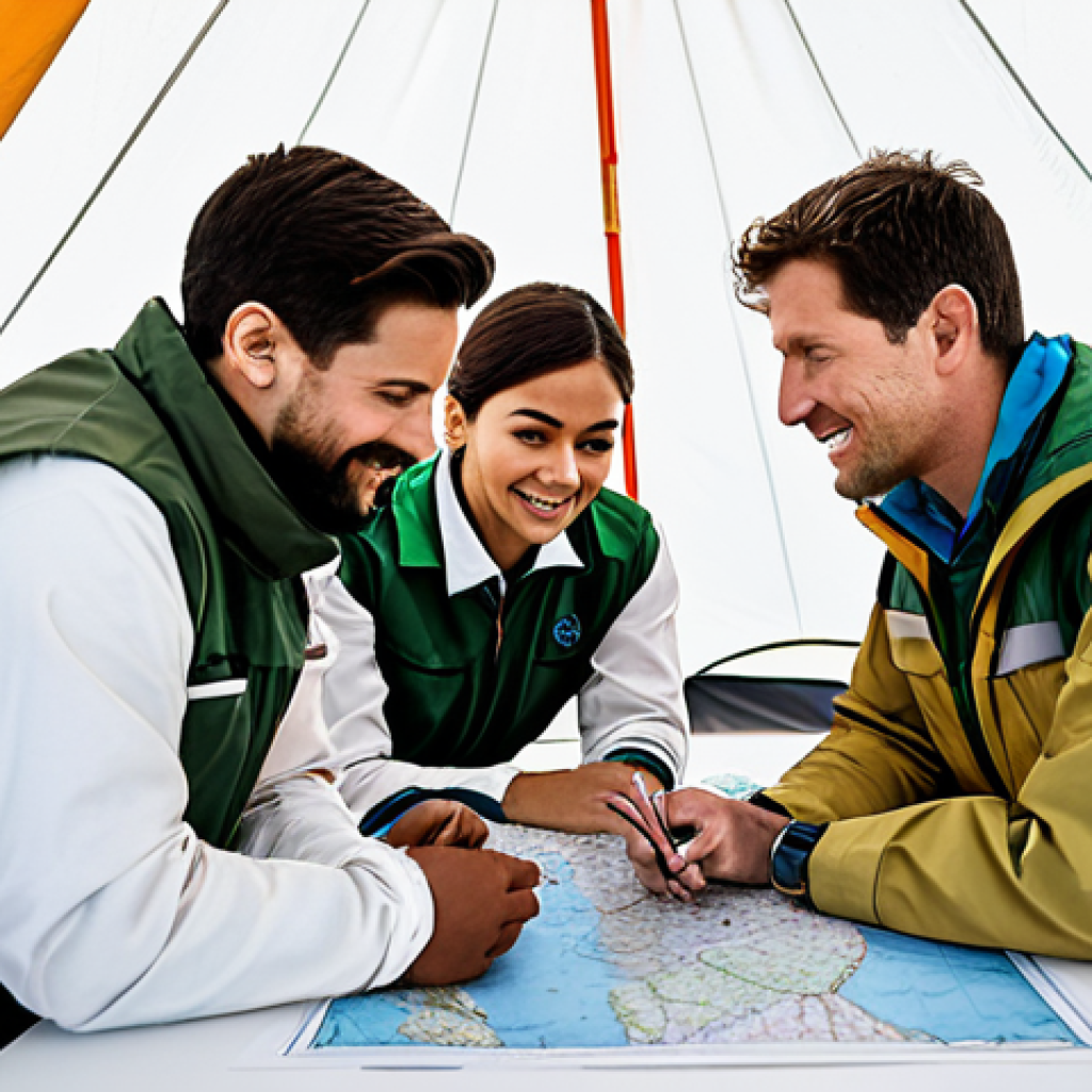 Teamwork & Communication**

"A diverse team of explorers in appropriate attire, collaborating around a map in a well-lit research tent. Fully clothed, modest clothing, safe for work, professional setting, perfect anatomy, correct proportions, well-formed hands, natural poses, appropriate content, family-friendly."

**