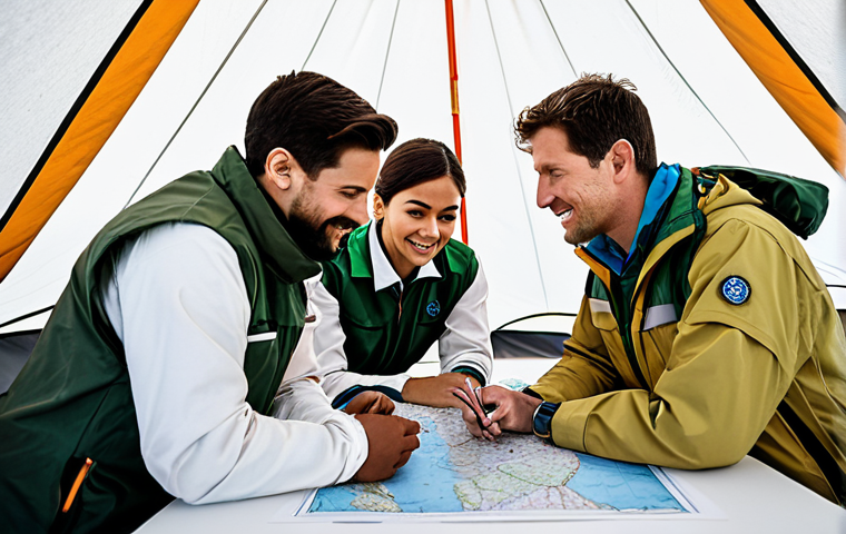 Teamwork & Communication**

"A diverse team of explorers in appropriate attire, collaborating around a map in a well-lit research tent. Fully clothed, modest clothing, safe for work, professional setting, perfect anatomy, correct proportions, well-formed hands, natural poses, appropriate content, family-friendly."

**