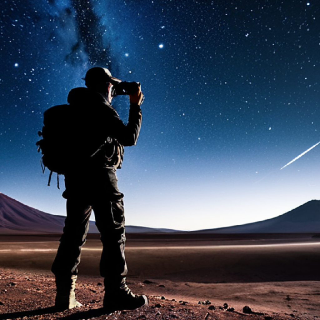 극한 환경 여행 시 유의할 점 - **A lone adventurer, fully clothed in high-tech outdoor gear, stands silhouetted against a vast, sta...