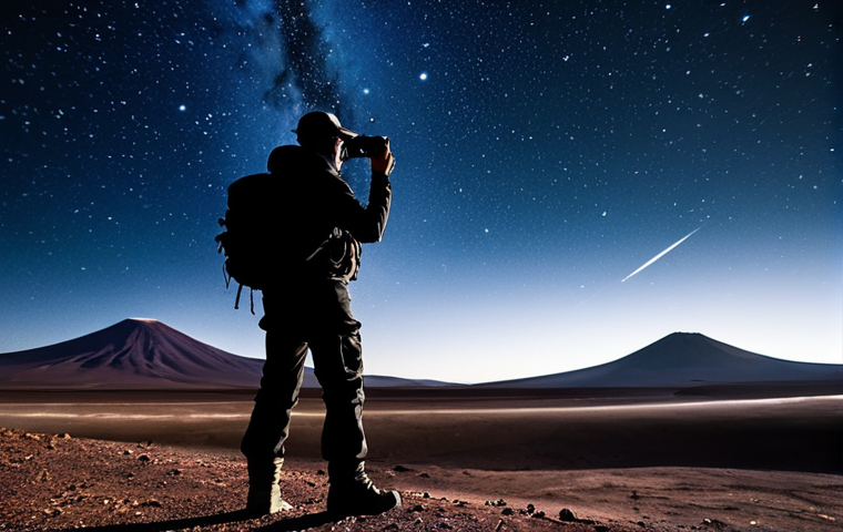 극한 환경 여행 시 유의할 점 - **A lone adventurer, fully clothed in high-tech outdoor gear, stands silhouetted against a vast, sta...