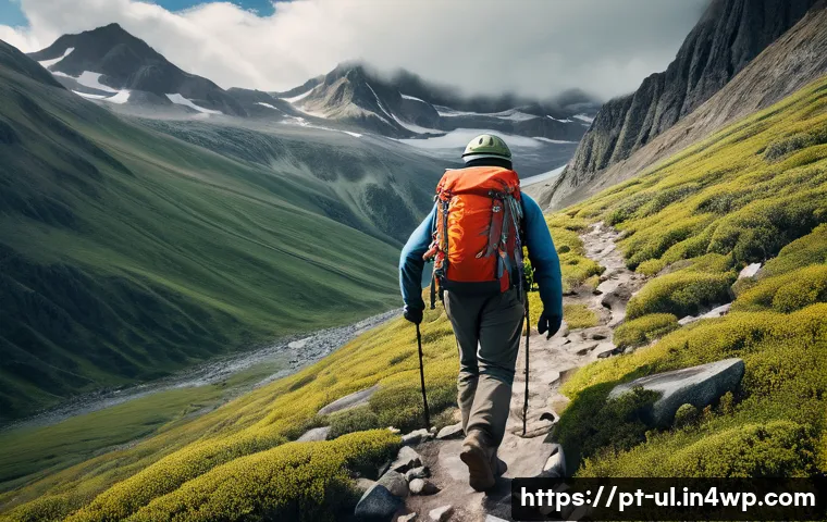 극한 환경 여행 중 사고 발생 시 대처법 - A rugged hiker dressed in layered thermal and waterproof clothing, wearing sturdy boots and a helmet...