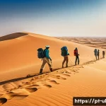 극한 환경 여행의 인기 목적지 분석 - A vast Sahara desert landscape under a blazing sun, featuring endless golden sand dunes stretching t...