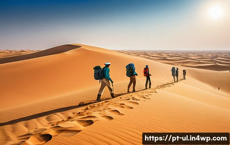 극한 환경 여행의 인기 목적지 분석 - A vast Sahara desert landscape under a blazing sun, featuring endless golden sand dunes stretching t...