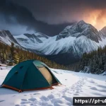 극한 환경에서의 안전한 캠핑 기술 - A rugged mountain campsite scene at dusk, featuring a high-quality, weather-resistant tent pitched o...