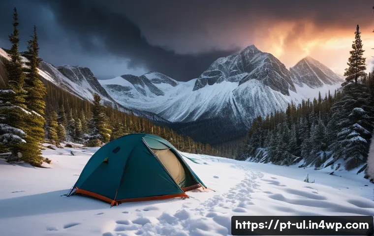 극한 환경에서의 안전한 캠핑 기술 - A rugged mountain campsite scene at dusk, featuring a high-quality, weather-resistant tent pitched o...