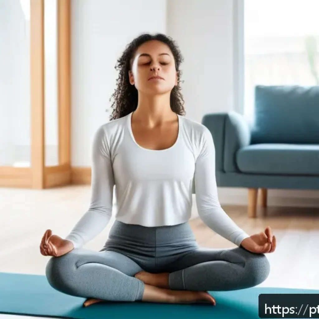 극한 환경에서의 스트레스 관리 기법 - A calm, focused young adult woman practicing diaphragmatic breathing in a bright, modern living room...