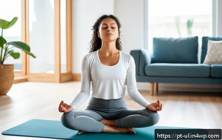 극한 환경에서의 스트레스 관리 기법 - A calm, focused young adult woman practicing diaphragmatic breathing in a bright, modern living room...