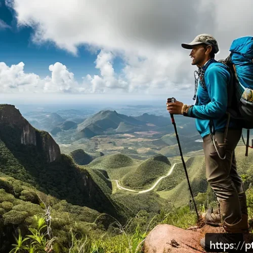 극한 환경 여행 중 사고 예방 팁 - A detailed outdoor scene showing a well-prepared hiker standing on a rocky mountain trail in the Bra...