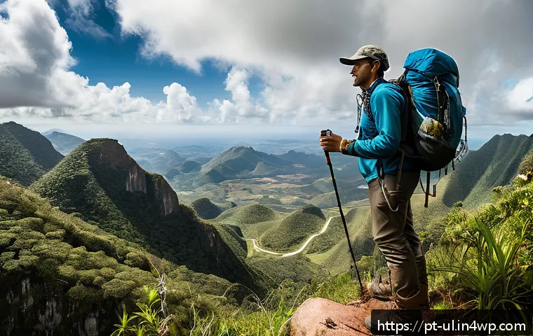 극한 환경 여행 중 사고 예방 팁 - A detailed outdoor scene showing a well-prepared hiker standing on a rocky mountain trail in the Bra...