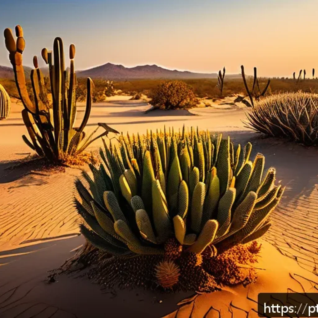 극한 환경에서의 생태계 이해하기 - A detailed desert scene at sunset showcasing diverse adapted life forms: resilient cacti with thick ...