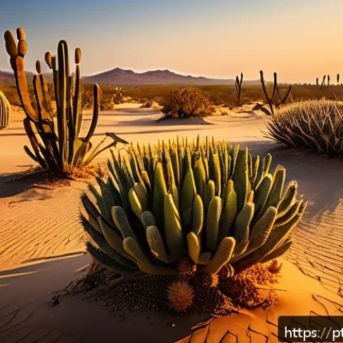 극한 환경에서의 생태계 이해하기 - A detailed desert scene at sunset showcasing diverse adapted life forms: resilient cacti with thick ...