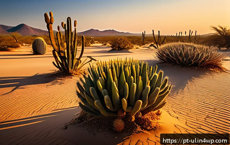 극한 환경에서의 생태계 이해하기 - A detailed desert scene at sunset showcasing diverse adapted life forms: resilient cacti with thick ...