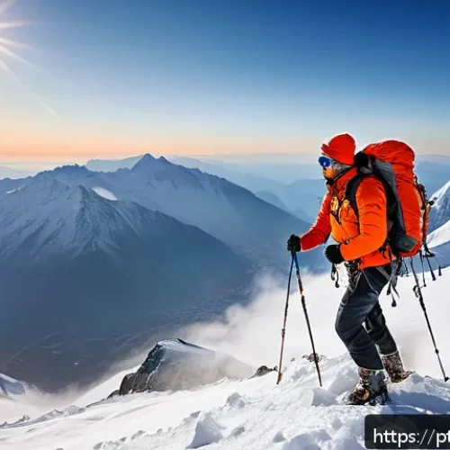 Home 30 극한 환경 여행의 종류와 특징 - A high-altitude mountain climber ascending a snowy peak above 3,000 meters during sunrise, wearing f...