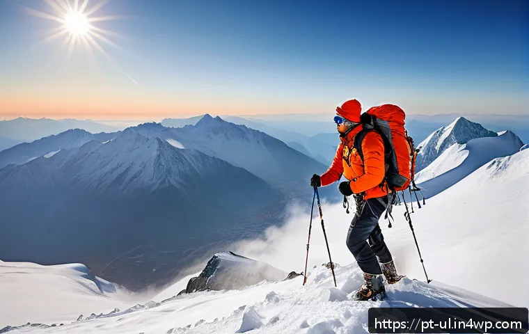 극한 환경 여행의 종류와 특징 - A high-altitude mountain climber ascending a snowy peak above 3,000 meters during sunrise, wearing f...