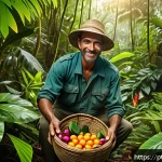 Home 23 극한 환경에서의 음식 조달 방법 - A detailed scene in a dense Brazilian tropical rainforest showing a survivalist carefully harvesting...