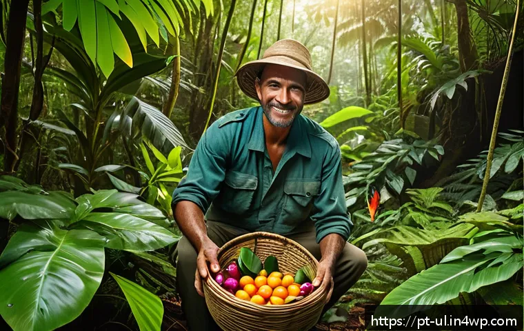 극한 환경에서의 음식 조달 방법 - A detailed scene in a dense Brazilian tropical rainforest showing a survivalist carefully harvesting...