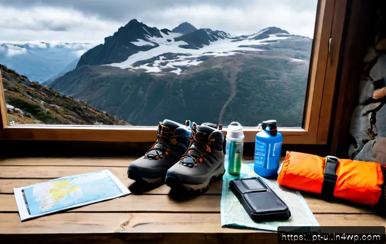 Home 17 극한 환경 여행 안전 장비 추천 - Photorealistic extreme cold travel safety gear laid out neatly on a rugged wooden table inside a mou...