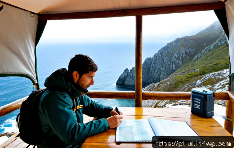 Home 17 극한 환경 탐험을 위한 정보 수집 방법 - Photorealistic outdoor expedition planning scene in Portugal, an adult explorer in practical cold-we...
