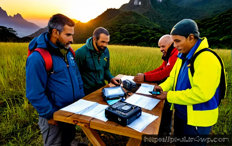 Home 17 극한 환경 탐험 시 비상 연락망 구축 방법 - Photorealistic emergency communication planning scene for an extreme wilderness expedition in Brazil...
