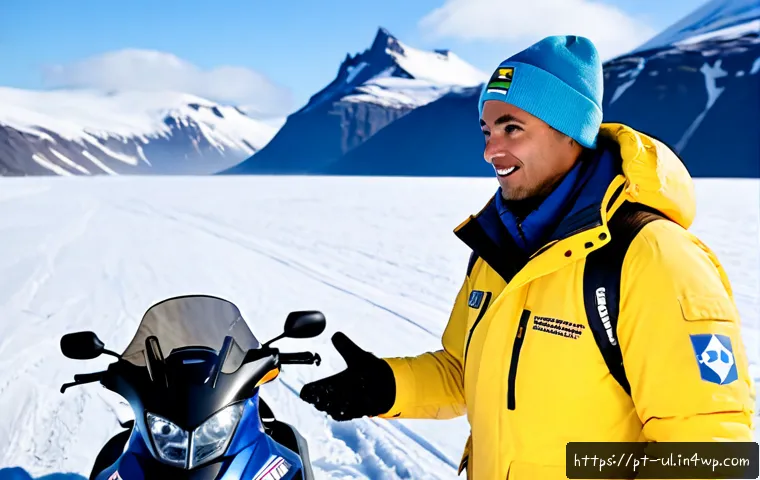 Home 17 극한 환경 여행 중 영어로 의사소통하기 - Photorealistic Arctic expedition scene, a Brazilian traveler in a bright insulated parka calmly usin...